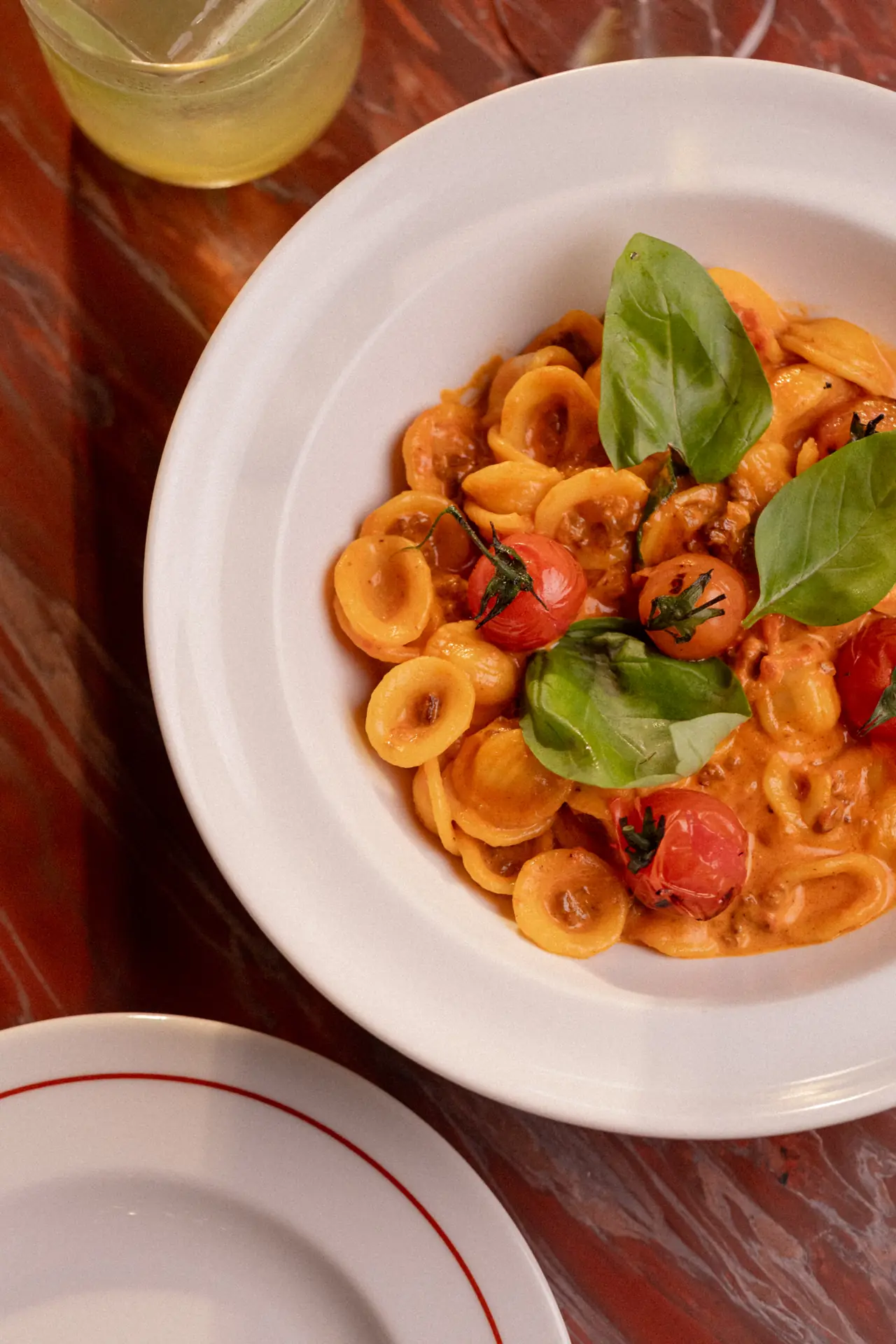 Orecchiette ao sugo com tomates e folhas de manjericão