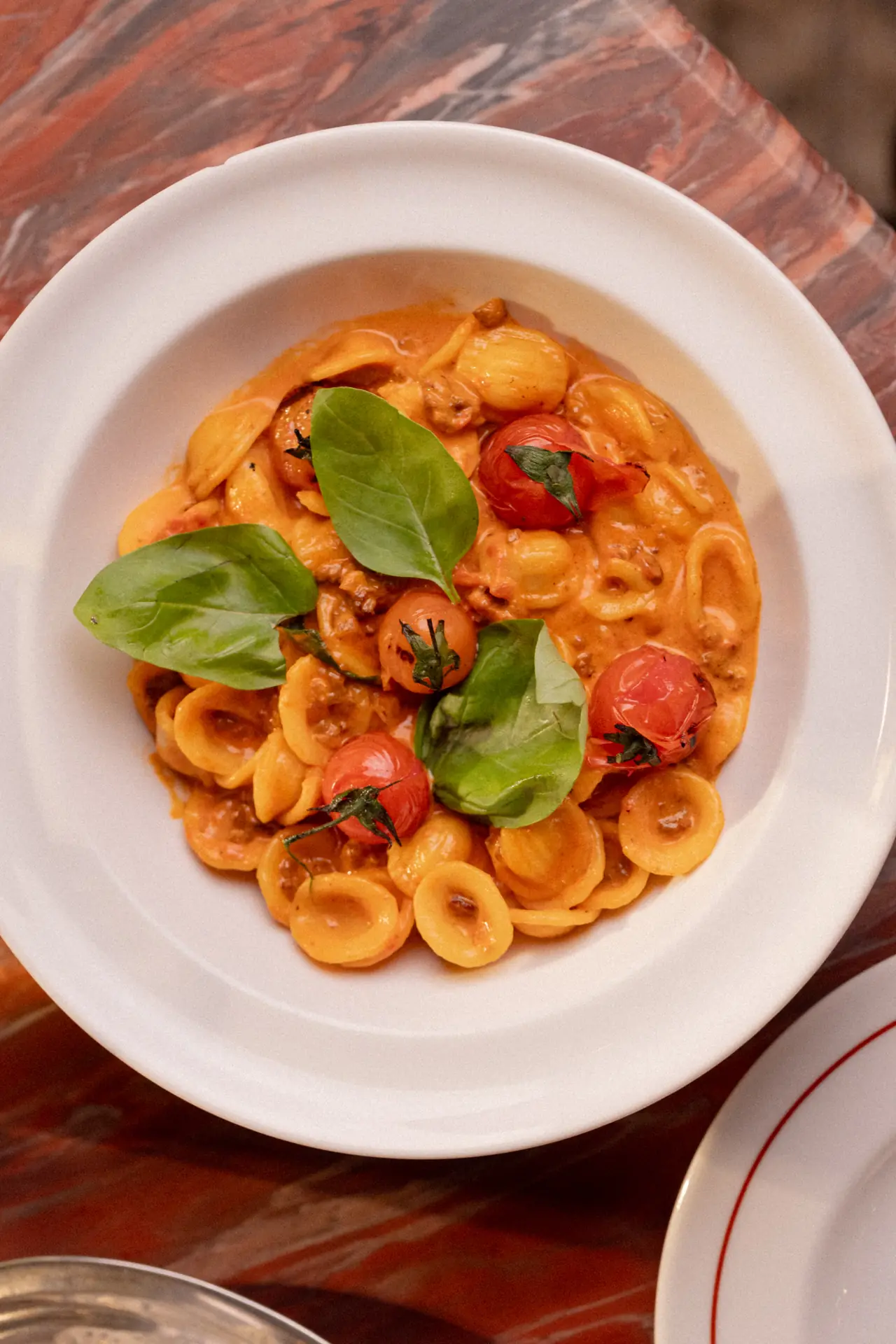 Orecchiette ao sugo com manjericão visto de cima